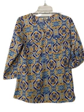 M P H Collection Printed V-Neck with Zipper Tunic Blouse Size PL
